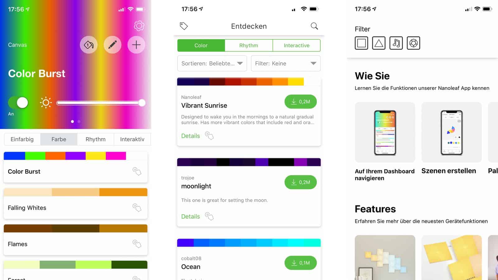Die App umfasst viele Funktionen. Du kannst die Szenen einstellen, neue Themes herunterladen und informative Anleitungen finden.