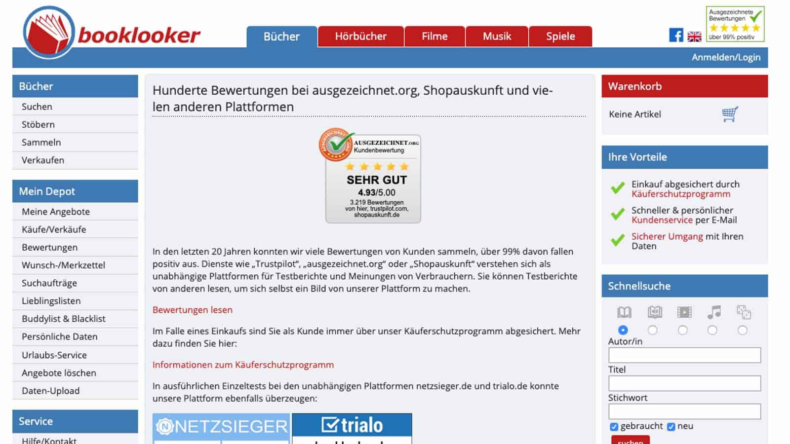 Booklooker hat sehr gute Bewertungen bei unterschiedlichen Bewertungsportalen.