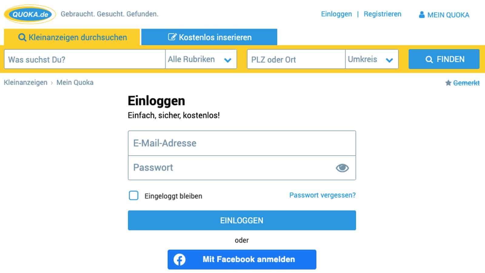 Bei Quoka kannst du dich per Mail oder Facebook einloggen. Um deine erste Anzeige zu erstellen, solltest du dich natürlich registrieren.
