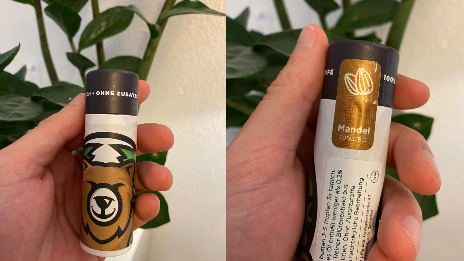 Vorder- und Rückansicht der des CBD-Öls. Sehr schicke Verpackung, die ohne Plastik auskommt.